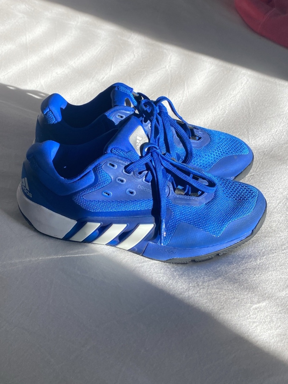 adidas Women's Bright Blue Athletic Sneakers with White Stripes lifting
